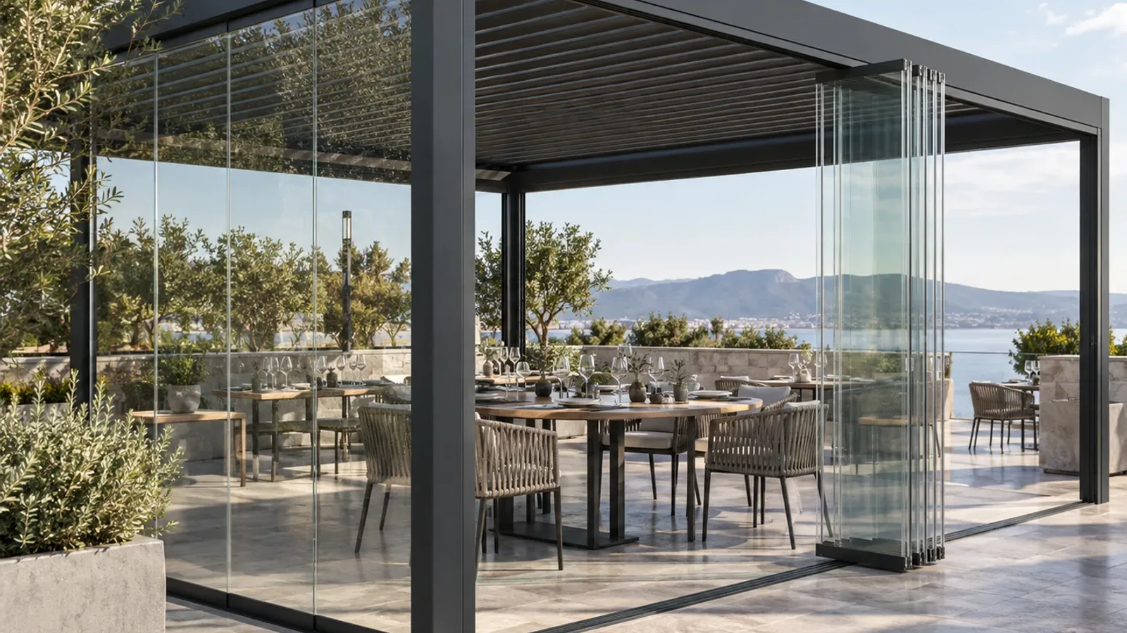 Pergola glass enclosure compared with a guided ZIP side screen
