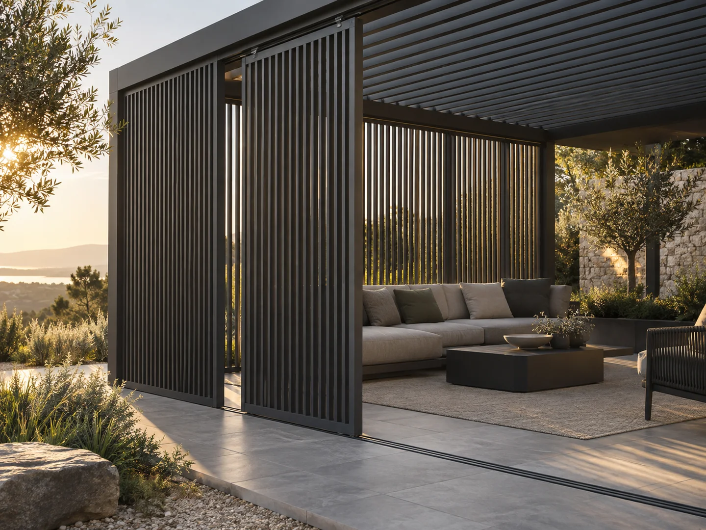 Vertical aluminum louver wall and sliding privacy grille on a garden pergola