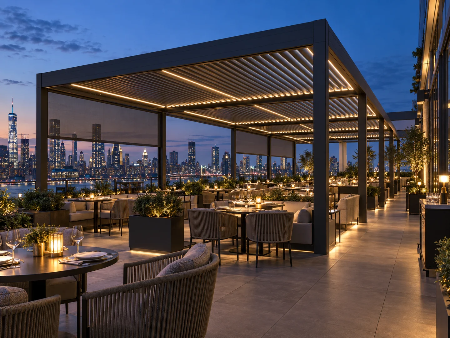 Commercial multi-module aluminum pergola over a rooftop hospitality area