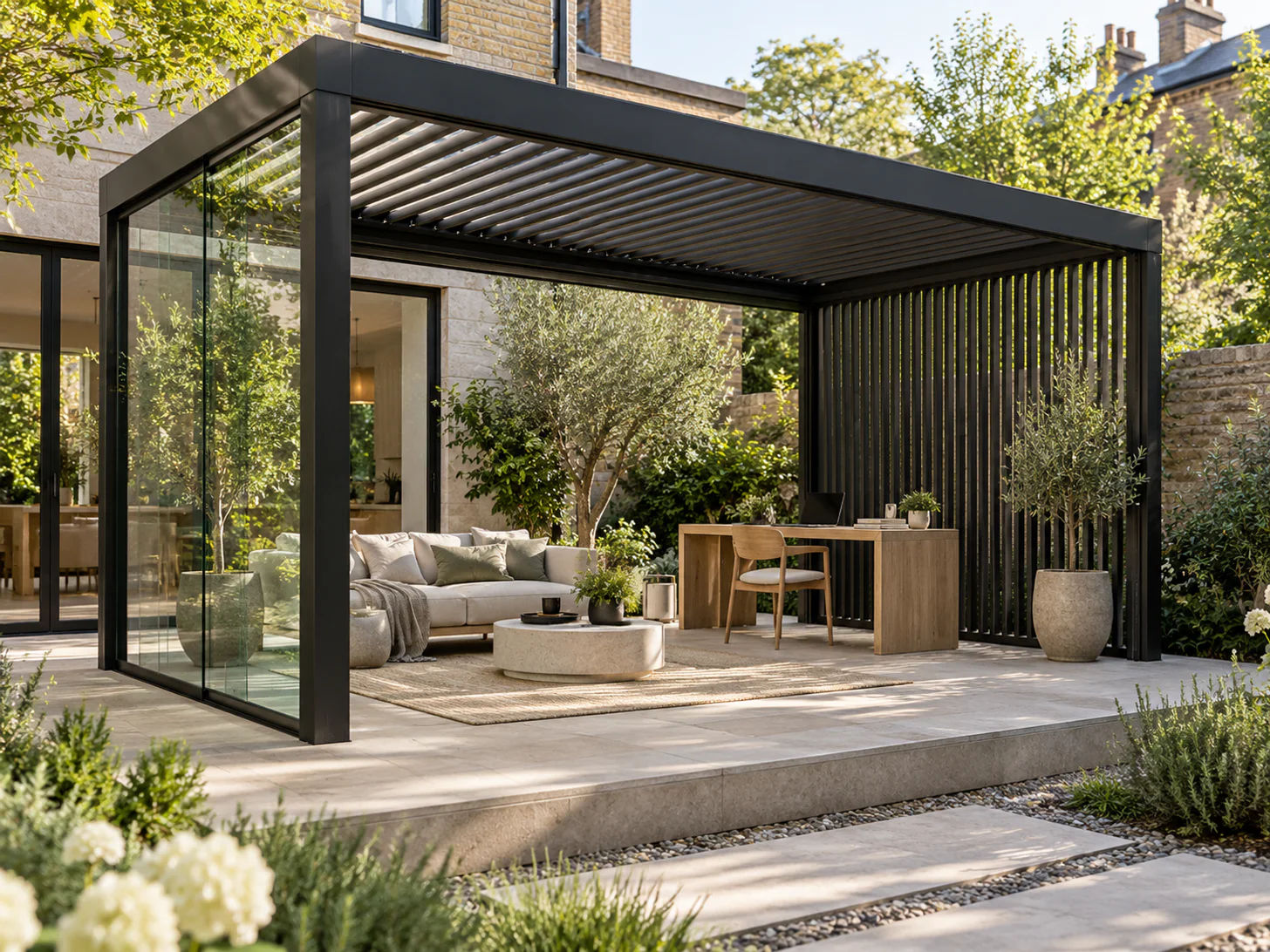 Compact garden office pergola with glass and vertical louver privacy wall