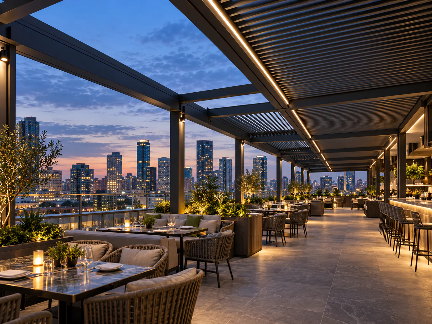 Multi-module louvered pergola across a rooftop hospitality terrace