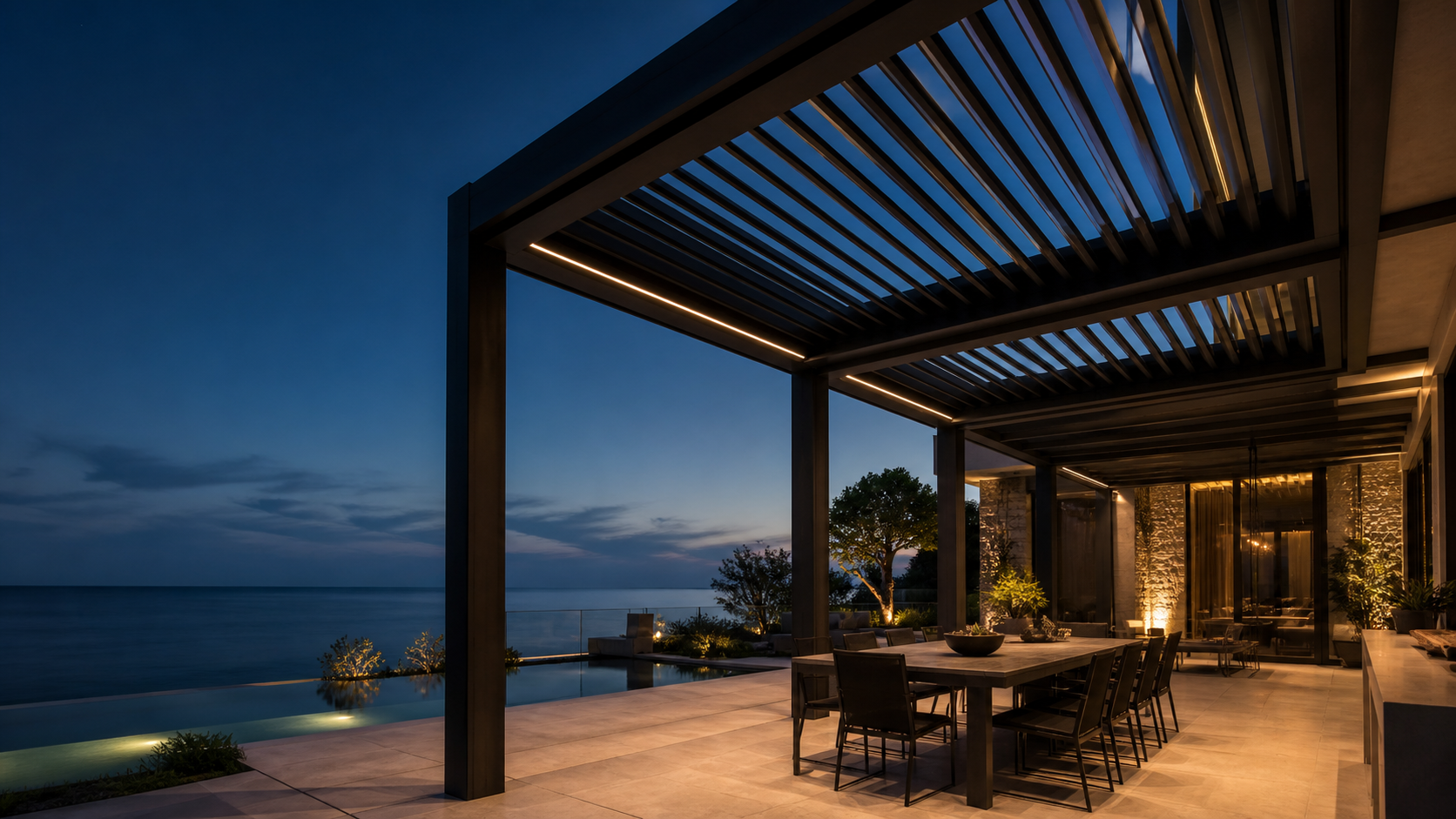 Motorized aluminum louvered pergola at a contemporary coastal villa