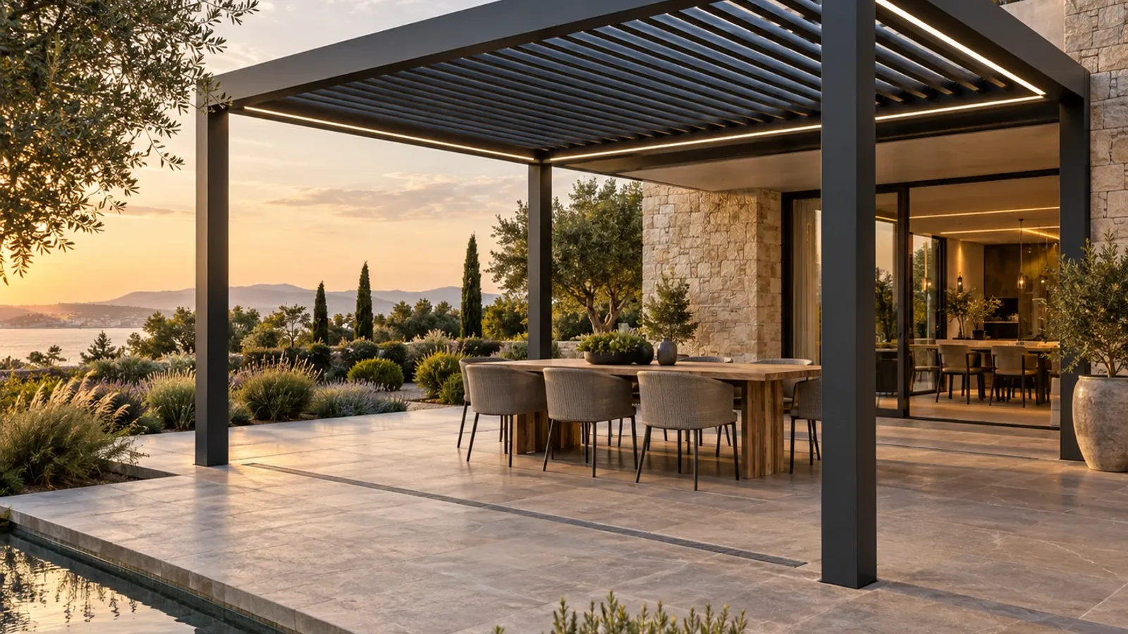 Compact aluminum louvered pergola on a residential villa terrace