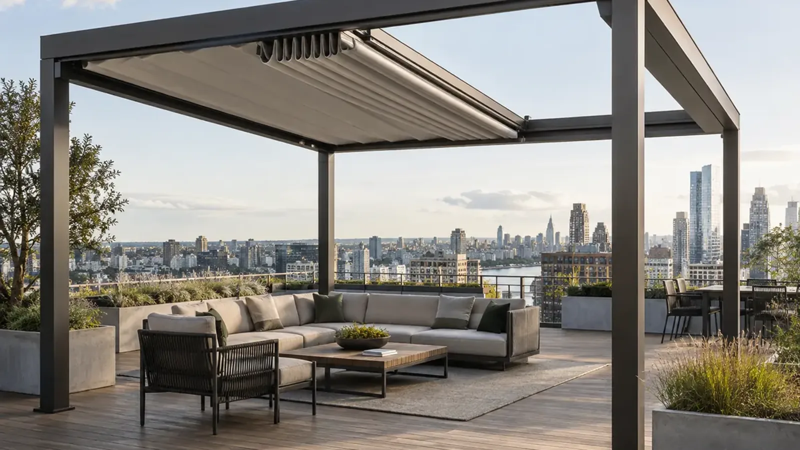 Motorized retractable roof pergola on a hospitality rooftop terrace