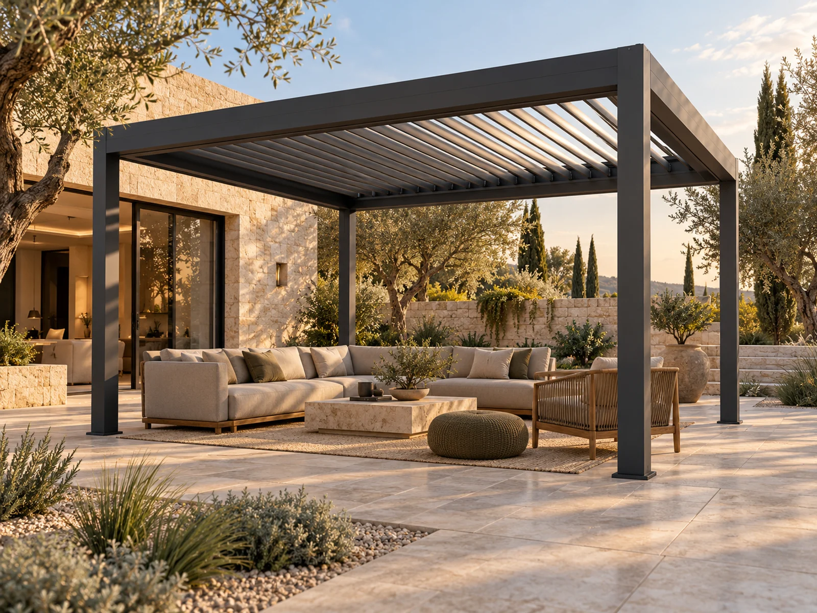 Powder-coated aluminum pergola beside a limestone villa
