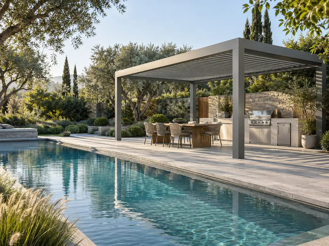 Motorized aluminum pergola beside a pool and outdoor kitchen