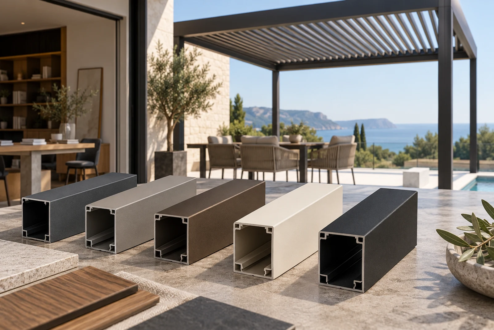 Powder-coated aluminum pergola profile samples in charcoal, gray, bronze, off-white and black