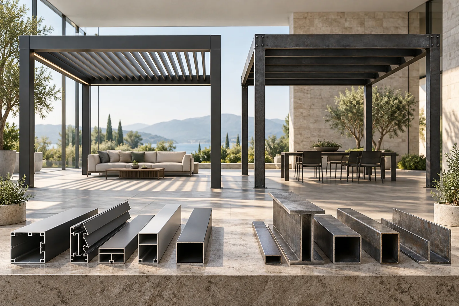 Editorial comparison of powder-coated aluminum pergola profiles and structural steel pergola sections