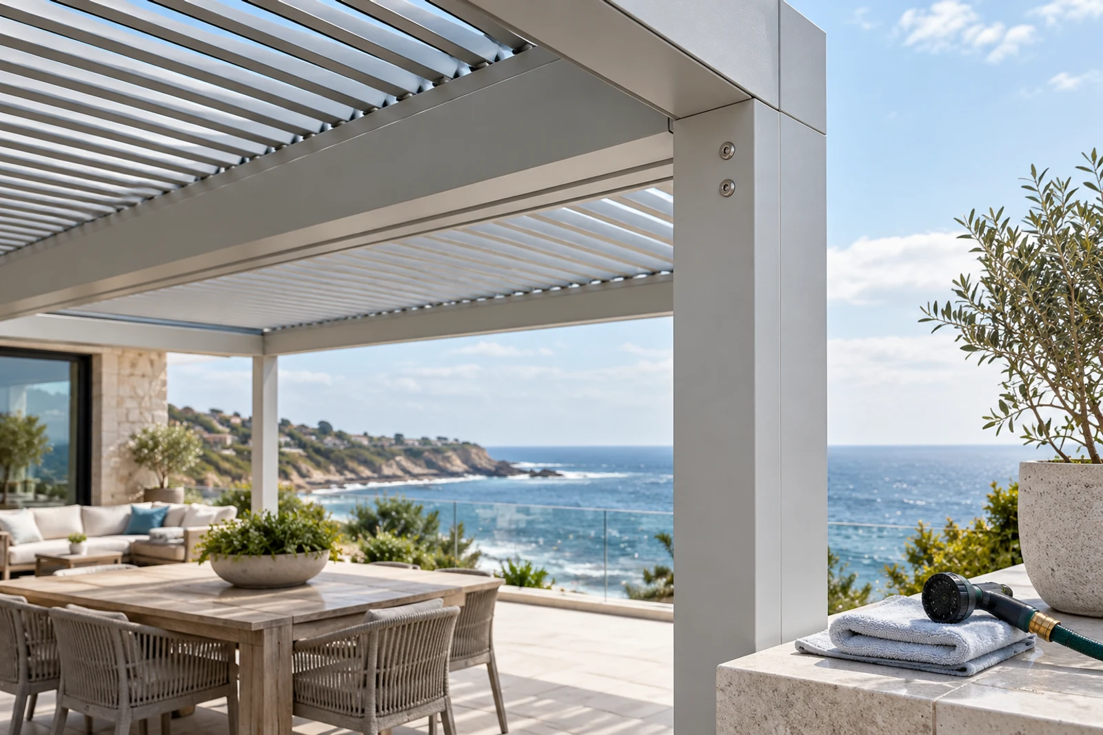 Powder-coated aluminum louvered pergola on a coastal terrace with cleaning equipment nearby