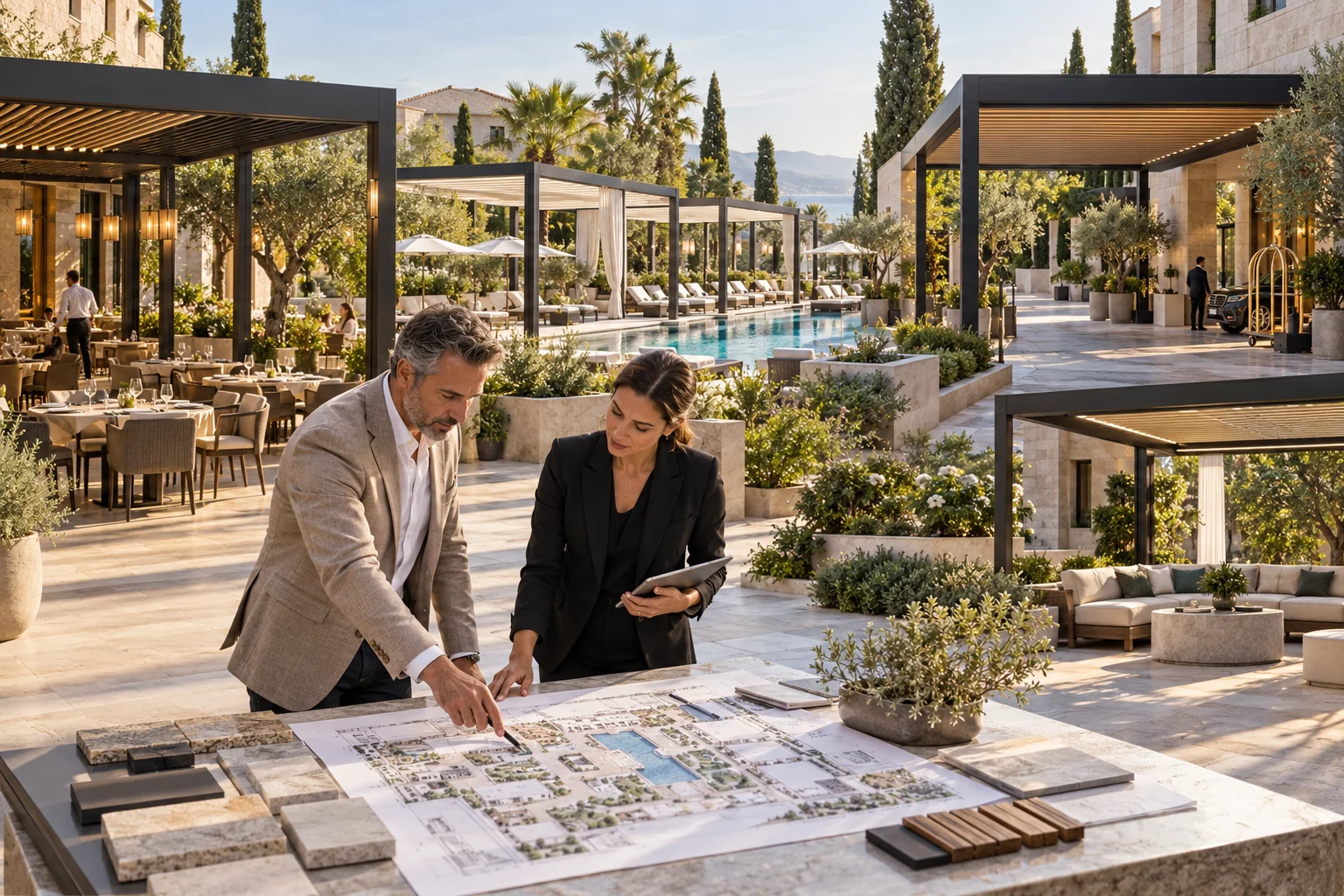 Hotel team planning restaurant, pool, arrival and guest pergola zones