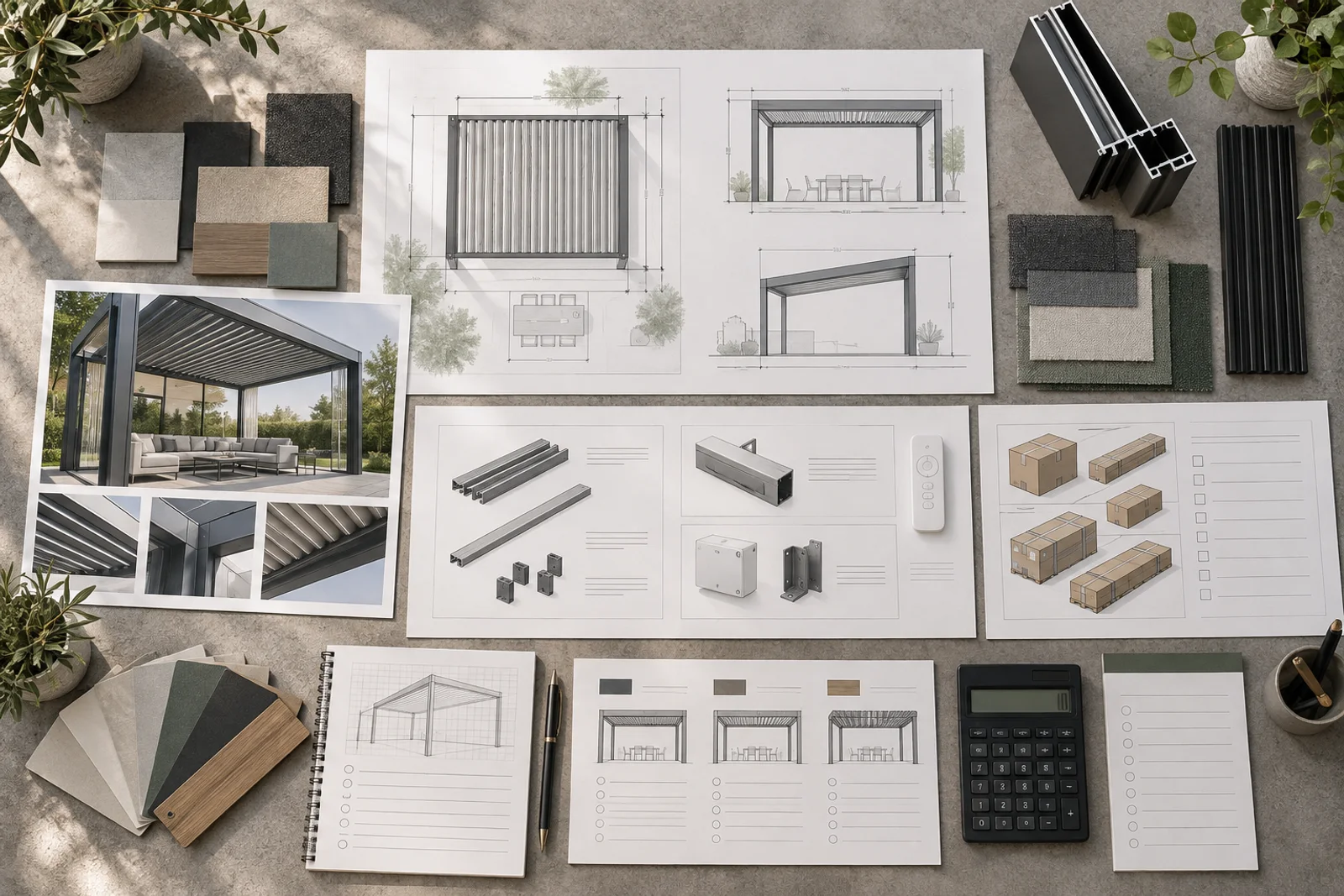 Editorial view of pergola drawings, finish samples, components and scope checklist used to compare quotations