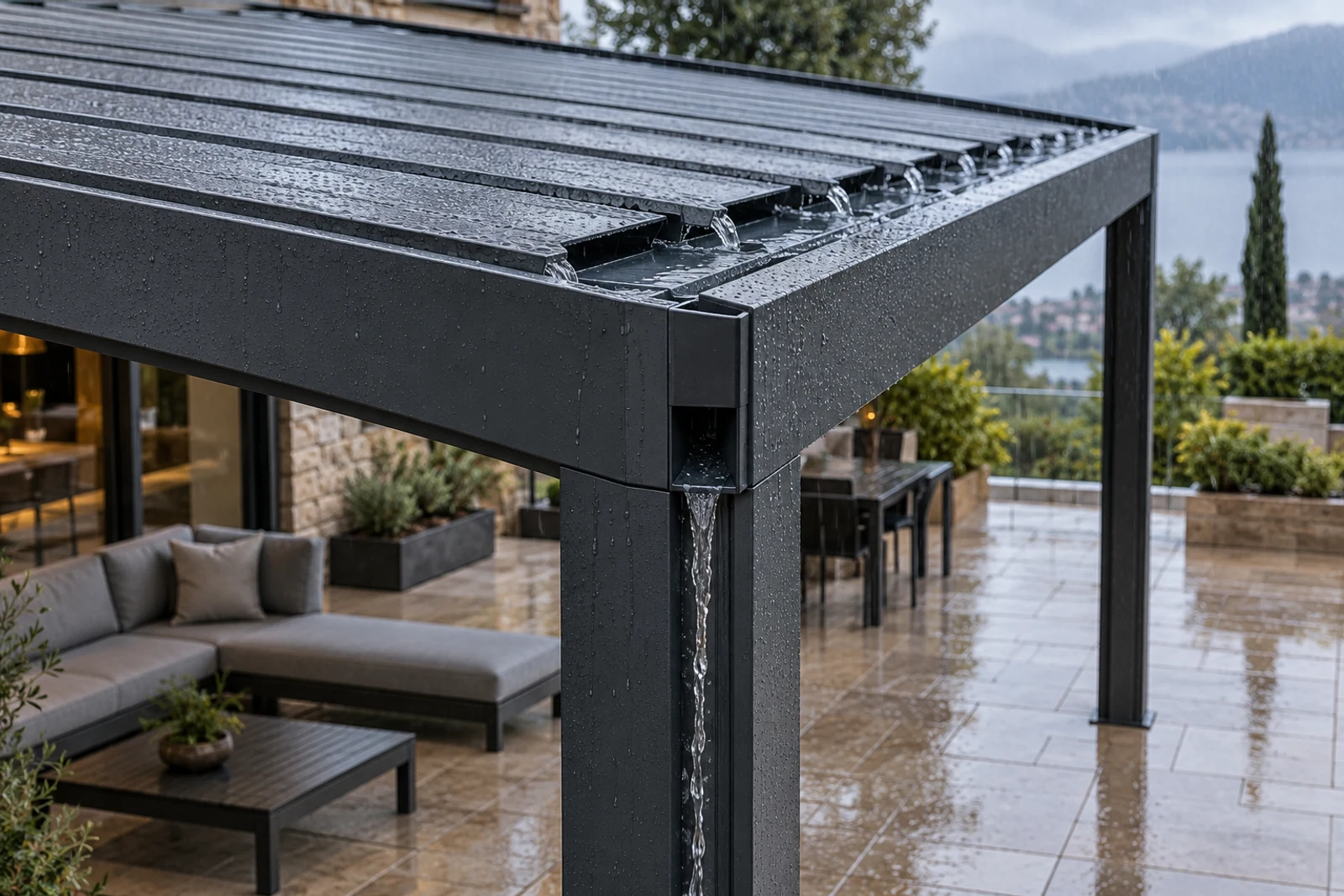 Rainwater flowing from closed aluminum pergola louvers into a perimeter gutter and drainage post