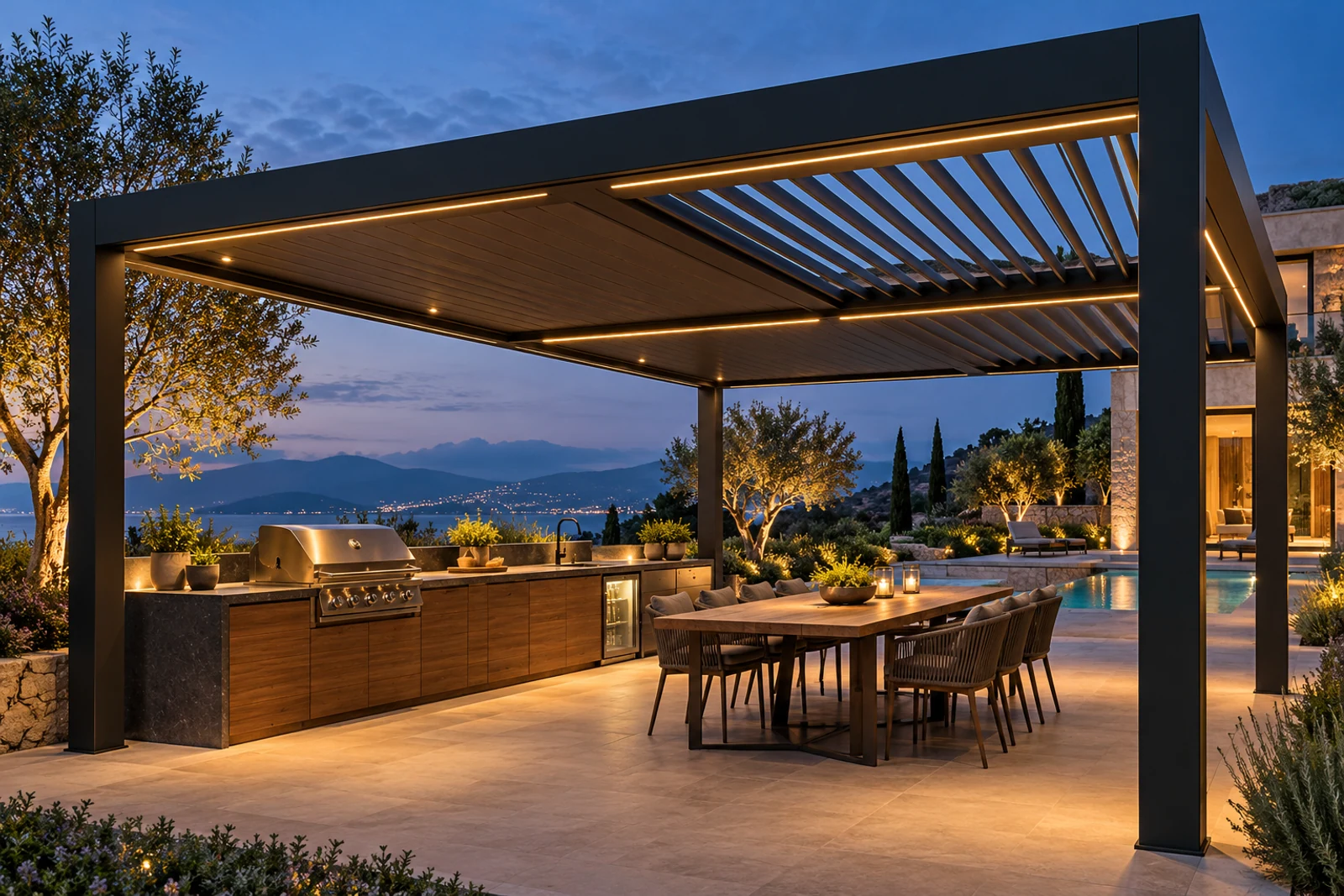 Motorized louvered pergola with integrated lighting above a modern outdoor kitchen and dining terrace