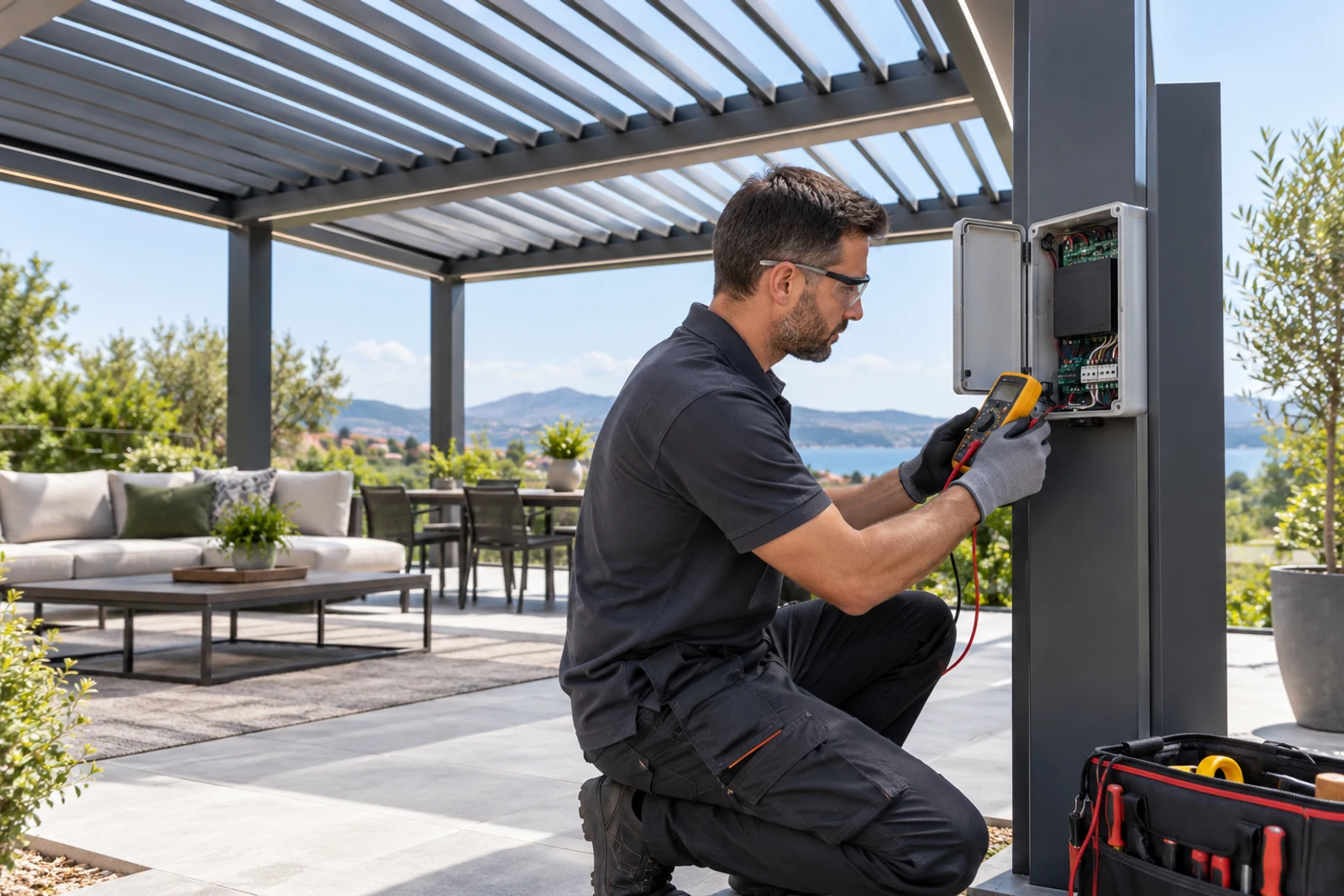 Qualified technician inspecting the control enclosure of a motorized louvered pergola