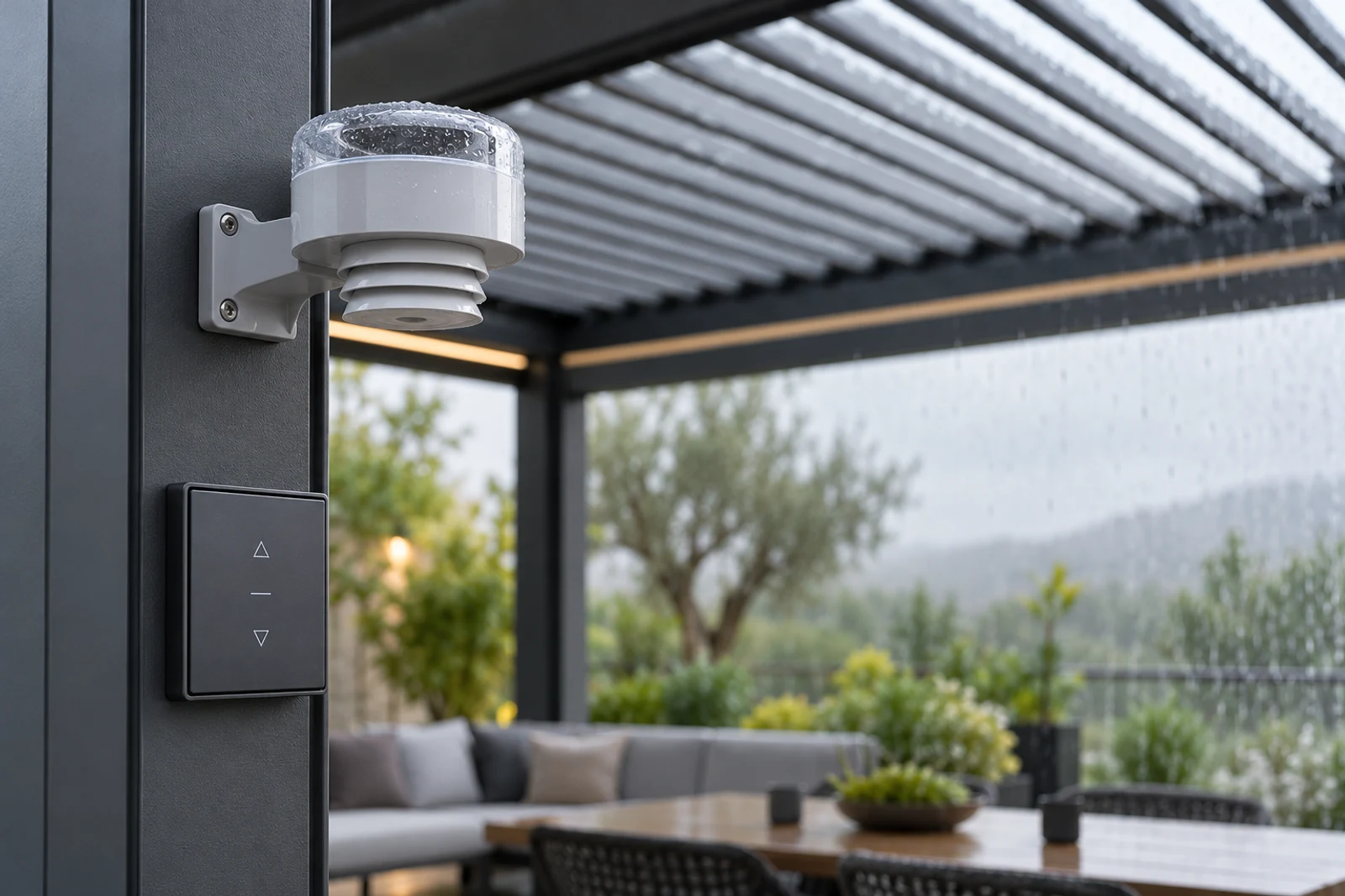 Rain sensor and wall control mounted beside a motorized aluminum louvered pergola