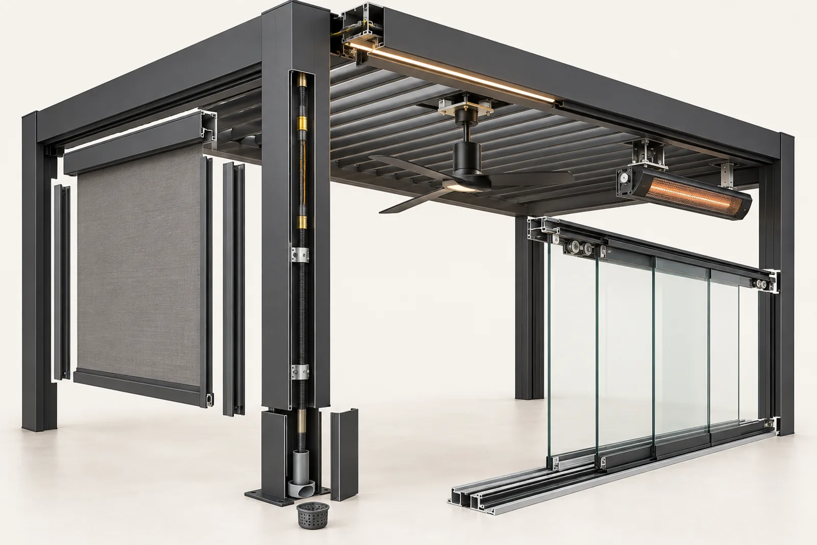Cutaway pergola showing planned ZIP screen guides, glass track, lighting, fan, heater, power and drainage interfaces