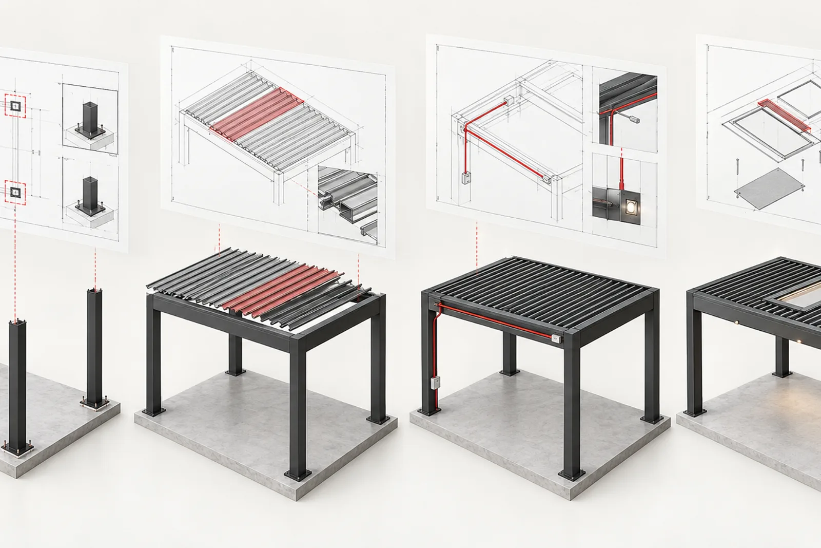 Pergola drawing revision visual showing changes to posts, roof modules, electrical routes and accessories