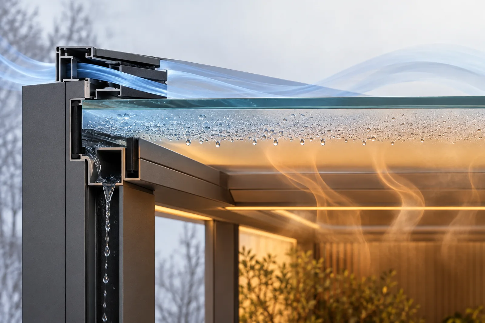 Technical cutaway showing cool glass condensation, ventilation and a drained pergola glass track