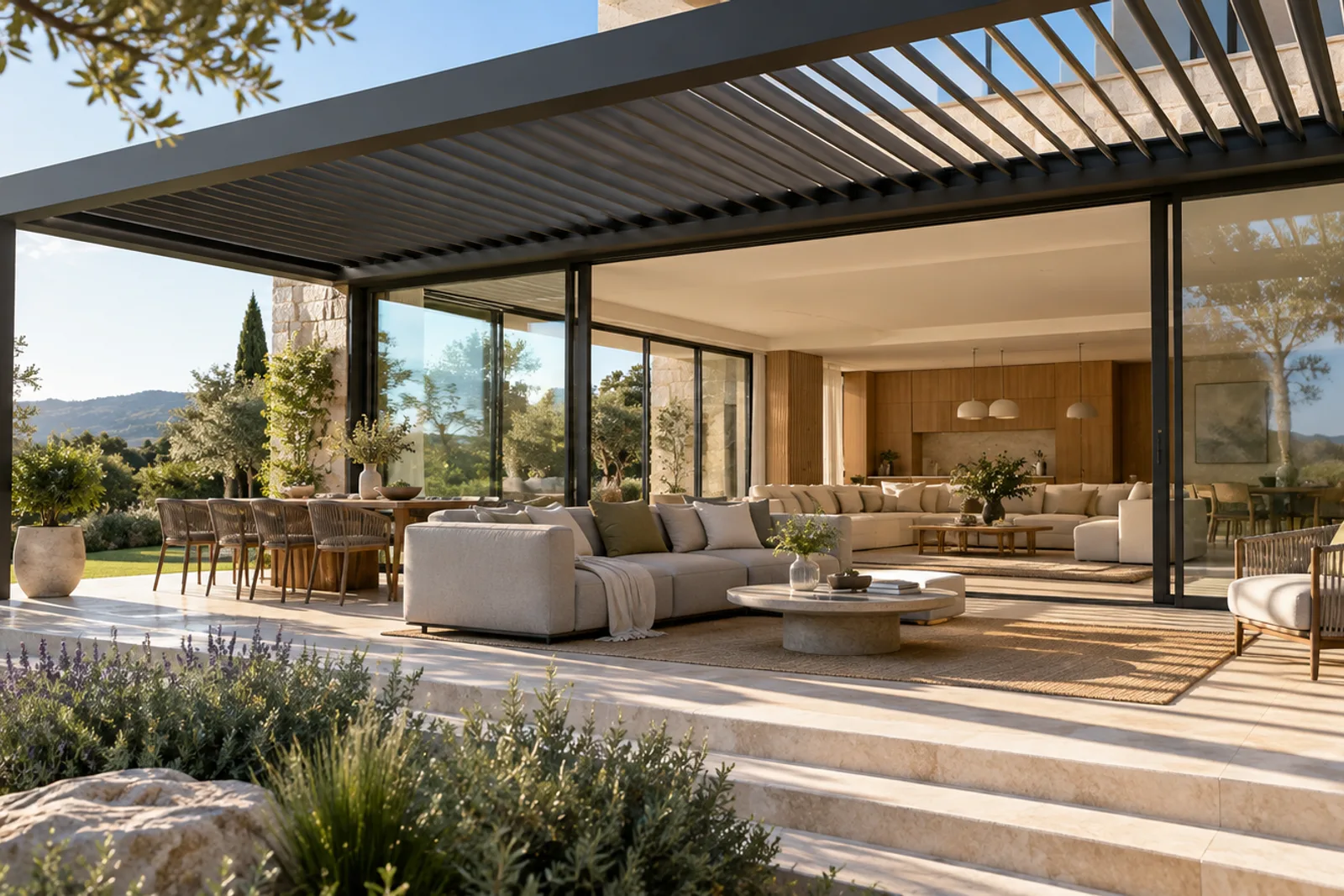 Partially open louvered pergola shading a villa terrace while daylight reaches the adjacent living room