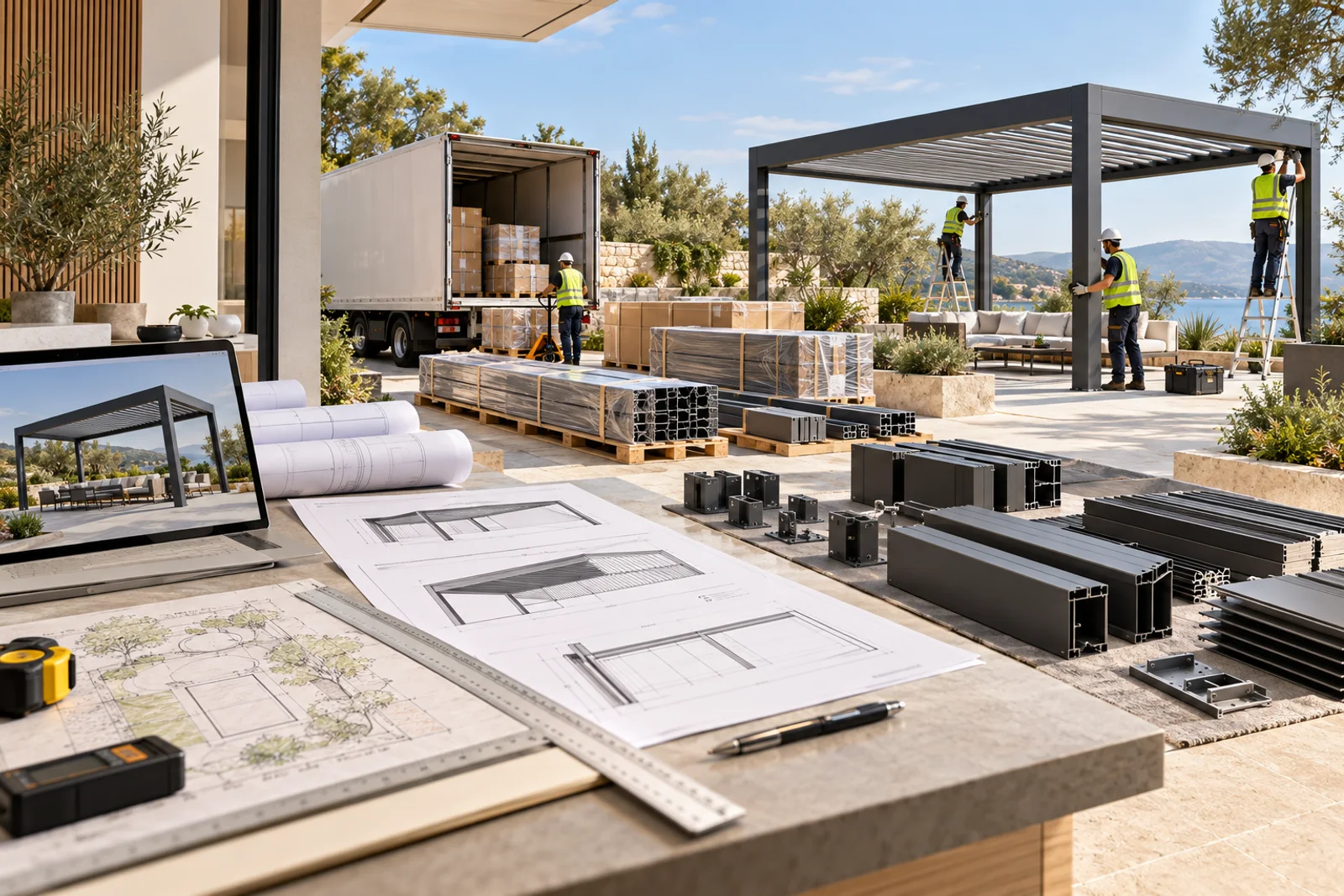 Editorial pergola project workflow from drawings and delivery to safe aluminum frame installation