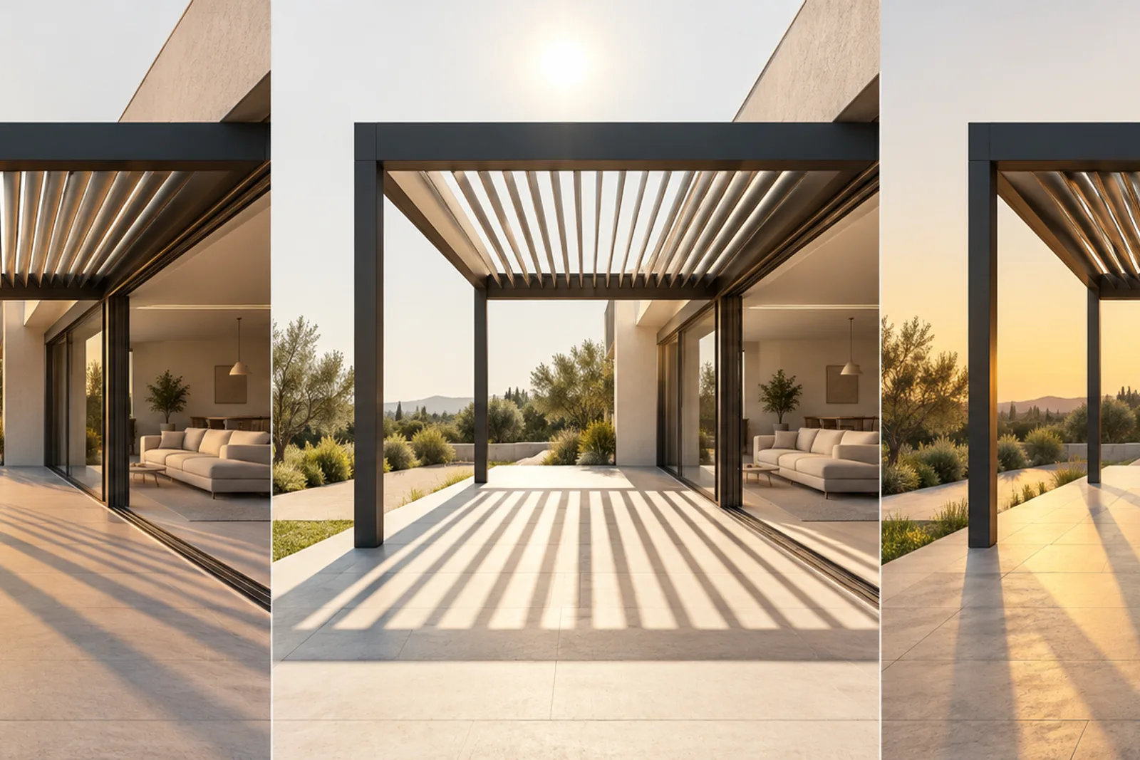 Three-view pergola sunlight study showing morning, midday and afternoon shadows at a house facade