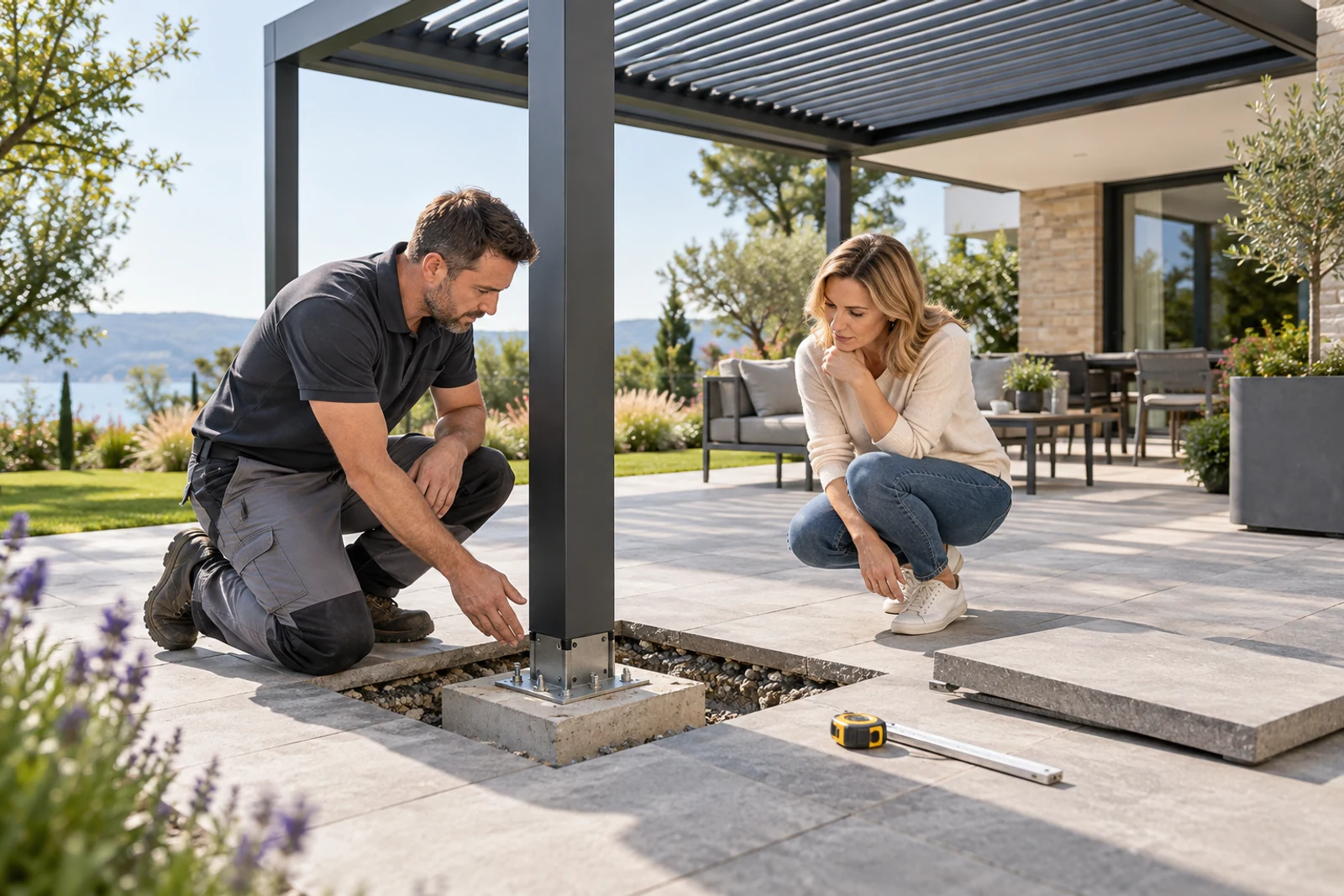 Installer checking an aluminum pergola post anchored through paving to a structural concrete footing