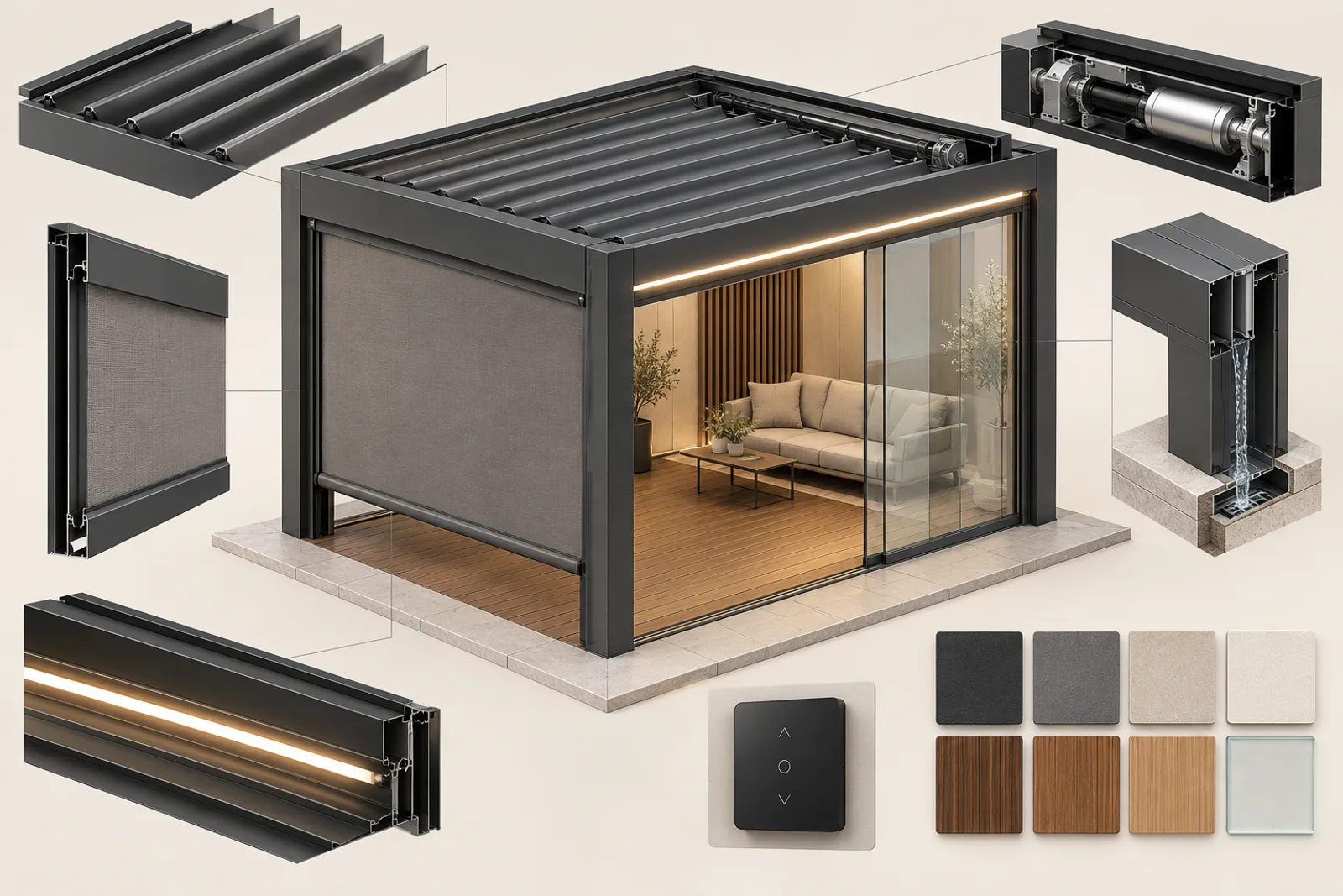 Exploded pergola showroom sample showing roof movement, ZIP screen, glass, lighting, controls, finish samples and drainage
