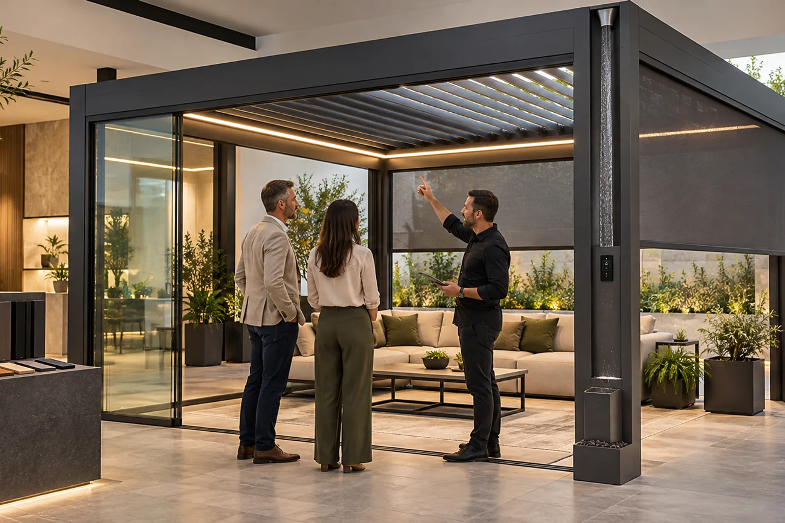 Pergola dealer demonstrating a showroom sample with roof, ZIP screen, glass, lighting, drainage and finish options