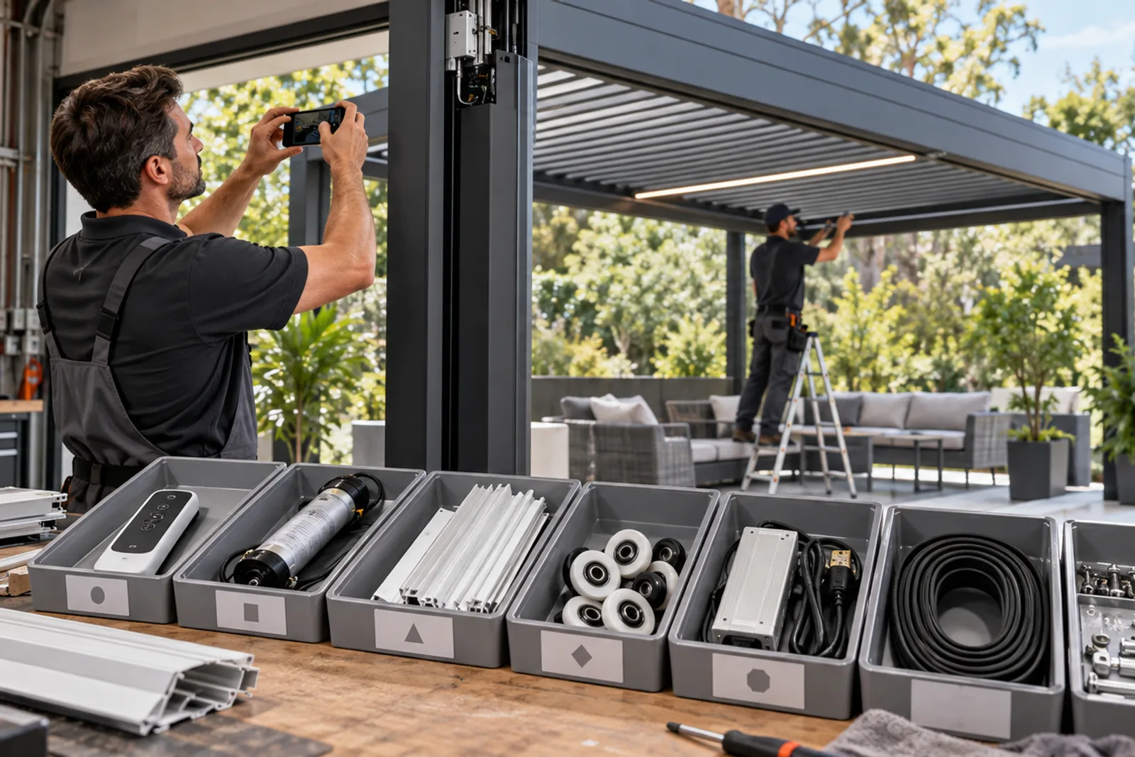 Pergola dealer technicians identifying replacement components for an installed louvered pergola