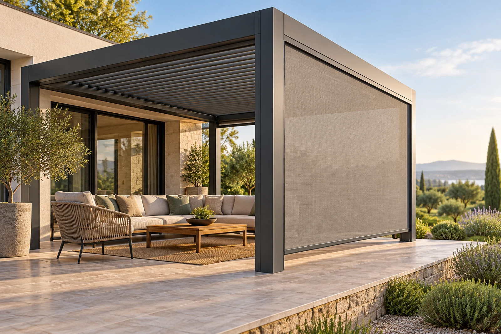 Aluminum louvered pergola with one integrated ZIP screen lowered and another side open