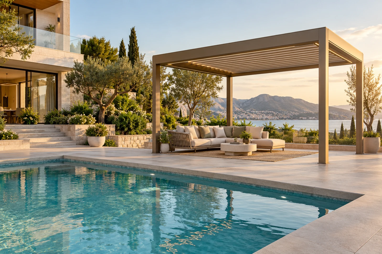Motorized aluminum louvered pergola beside a contemporary swimming pool with clear circulation