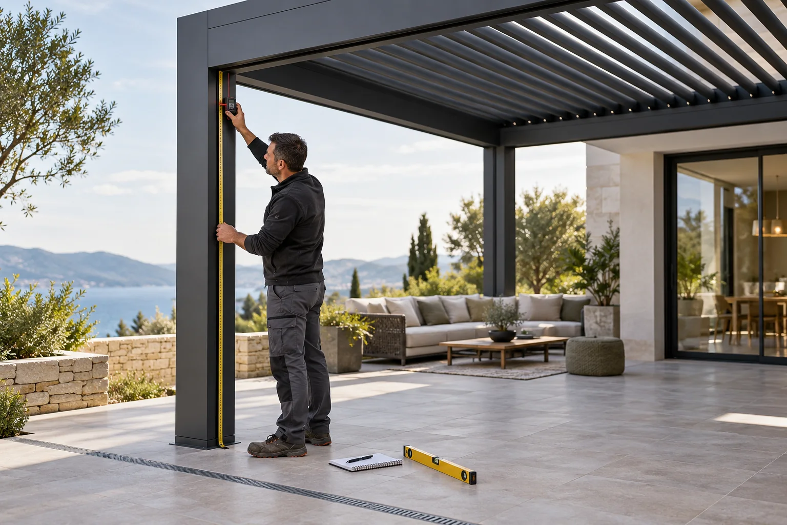 Installer measuring the finished opening of an aluminum pergola for a ZIP screen